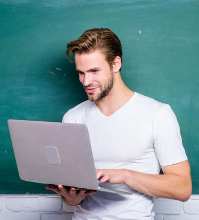 man working online. student man at e learning class. man use 4g internet to study. back to school....