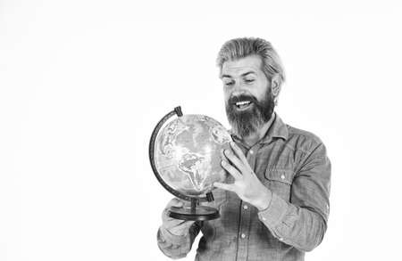 man with globe. earth day. agile business. back to school. mature geographic teacher. travel and...