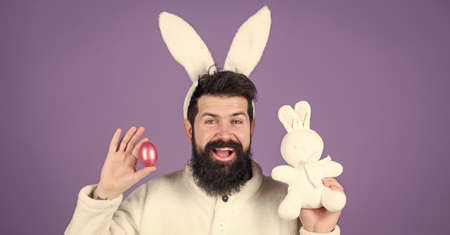 Easter fun. Bearded man in rabbit costume with easter egg and hare toy. Spring, new life and...