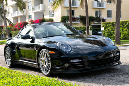 Palm Beach, Florida USA - March 21, 2021: black Porsche 911 cabriolet. corner view.のeditorial素材