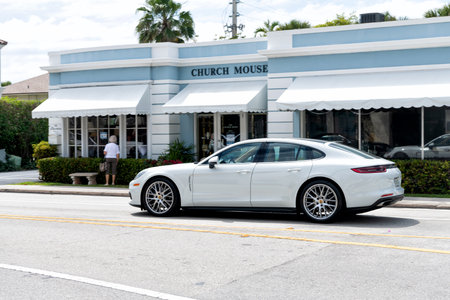 Palm Beach, Florida USA - March 21, 2021: white porsche panamera luxury modern carのeditorial素材