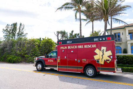 Palm Beach, Florida USA - March 21, 2021: red palm beach fire rescue ford car in palm beachのeditorial素材