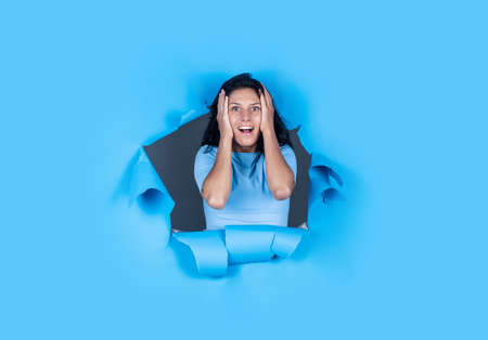 oh my god. express human emotions. female character. happy woman feeling surprise. girl on blue...
