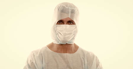 man with respirator medical mask. doctor in safety costume. hygiene on   pandemic. scientist create...