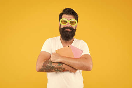 Advanced level. Developing his talent on special courses. Creativity concept. Nerd bookworm. Creative profession. Creative publishing. Solving creative tasks. Education for designers. Freak or artistの写真素材