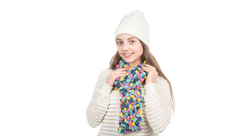 happy kid in knitted hat and scarf warm clothes isolated on white copy space, knitwearの写真素材