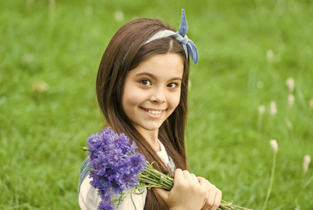 Little girl cornflowers bouquet holiday greetings, happy childrens day conceptの写真素材