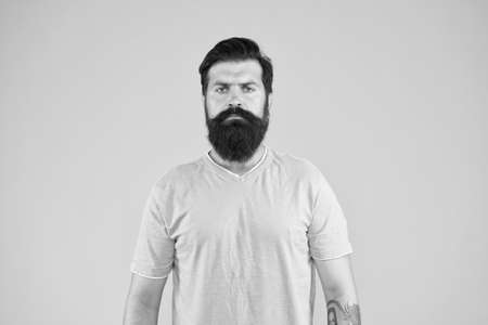 serious bearded man yellow background, male summer fashion. brutal and confident. mature barbershop master. Mature hipster with beard. brutal caucasian hipster with moustache. Male barber careの写真素材