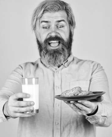 Christmas food and drink. Christmas cookies and milk. Cold Christmas coziness concept. Soaking cookie on milk. happy farmer eat cookie dessert. bearded man drink useful milk with pastryの写真素材