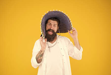Real joy. travel to mexico. celebrate traditional mexican holiday. fest and holiday sales. cinco de mayo mexican celebration. bearded man in sombrero and poncho. mexican party conceptの写真素材