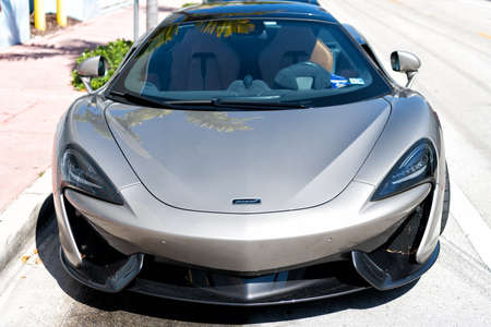 Los Angeles, California USA - April 13, 2021: silver grey McLaren Automotive Limited 570s front view