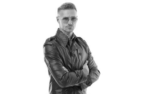 Street style fashion. Fashion man isolated on white. Confident look of fashion model. Handsome guy wear fashion outfit. Style and trend. Mens trends for autumn or springの写真素材