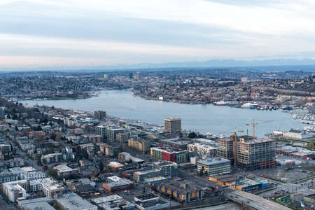 Seattle, Washington D.C. USA - April 03, 2021: seattle skyline with buildings in night aerial viewのeditorial素材