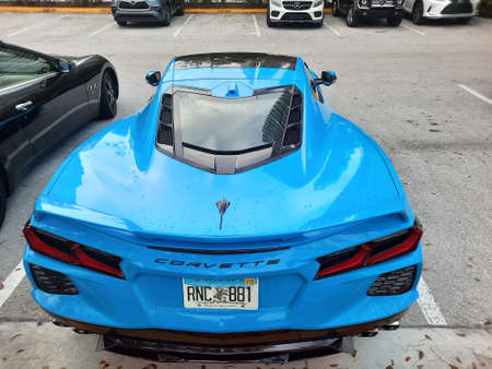 Los Angeles, California USA - April 19, 2021: blue Chevrolet Corvette super car back view