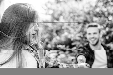 Our feelings. girl in selective focus with guy in park. first meet of couple outdoor. Relationship....