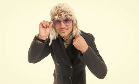 how do you like it. happy holidays. bearded man in winter clothes. warm wear for cold season....
