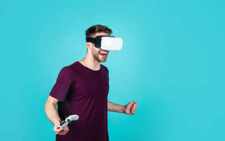 young guy with unshaven face and stylish hair wear wireless vr headset, digital lifeの写真素材