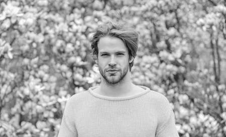 It is spring time. unshaven man magnolia tree. fresh blossom flower. sakura background. enjoy good weather. sexy guy blooming flower tree. spring fashion style. Male sexualityの写真素材