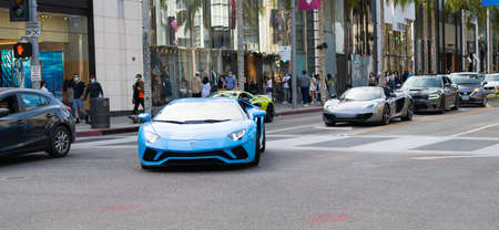 Los Angeles, California USA - April 14, 2021: blue Lamborghini Aventador luxury supercar front view.