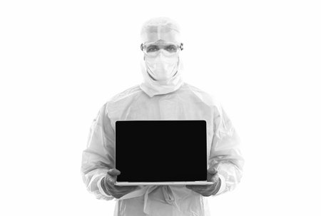 colleagues on briefing. man therapist with laptop. medical worker. technology in modern medicine. make an appointment with doctor online. online physician consultation. your personal accountの写真素材