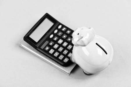 Economics and finance. Piggy bank pink pig and calculator. Business administration. Calculate...