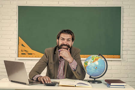 happy cheerful man teacher study online, videoconference class with tutorの写真素材