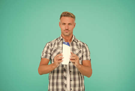 Haircare needs to be taken seriously. Man hold shampoo bottle. Haircare.の写真素材