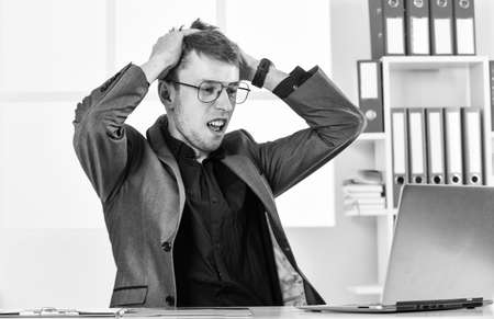 businessman has problem. man wear office suit. male realtor has hard working day. online courses tutor. leader of law office. confident lawyer working with computer. agile business. Be master.の写真素材