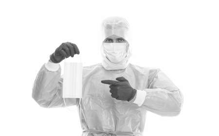 use this. spread of virus. healthcare. immunity. man wear surgical mask. doctor in respirator mask isolated on white. virus pneumonia pandemic. virus vaccine and treatmentの写真素材