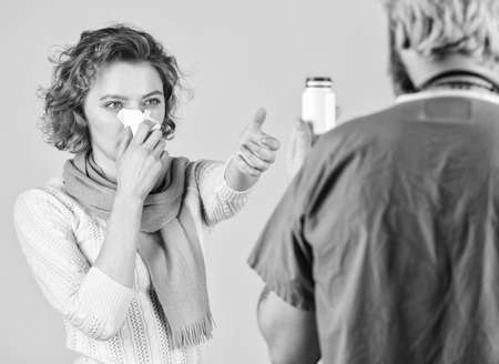 Instruction taking medicines. Girl viral disease. Medical check up. Doctor and patient at hospital. Doctor prescribing treatment. Consultation concept. Pneumonia treatment. Effective medicinesの写真素材