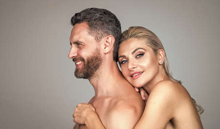 happy sexy couple in love of undressed man and woman embracing, relationsの写真素材
