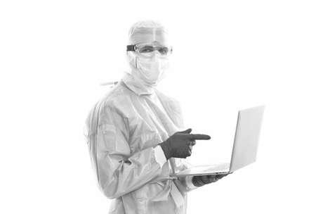 New ideas for medicine. your personal account. man therapist with laptop. medical worker. technology in modern medicine. make an appointment with doctor online. online physician consultation on covidの写真素材