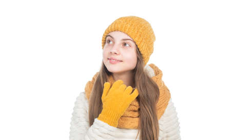 small kid wear knitwear isolated on white. child in hat gloves and sweater. autumn fashion style.