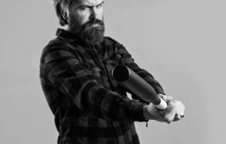 Practice hit technique. man reliving stress. emotion control concept. brutal bearded man using...