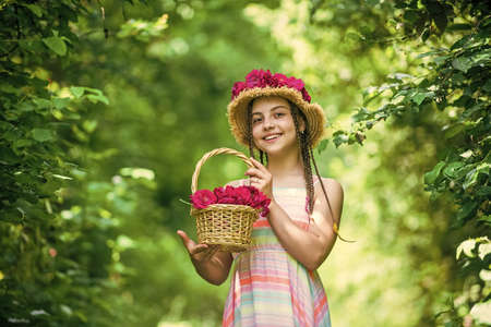 happy child girl in straw hat with rose flowers in summer nature, springの写真素材