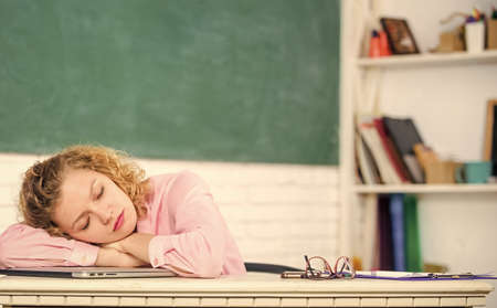 Digital technologies concept. Education online. sleeping student with laptop. Online schooling concept. Girl surfing internet. teacher woman. teachers day. Educational site for teachers. not readyの写真素材