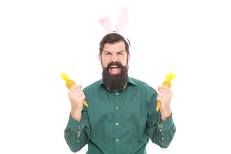 Feeling joy about holiday. eastertide. happy bearded man wear bunny ears. finally happy easter.の写真素材