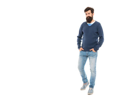 bearded man with moustache full length isolated on white background with copy space, fashion modelの写真素材