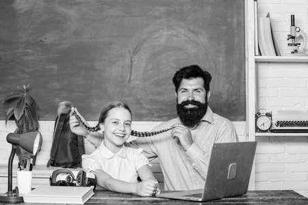 Study modern technologies. Man bearded pedagogue teaching informatics. Homeschooling with father....