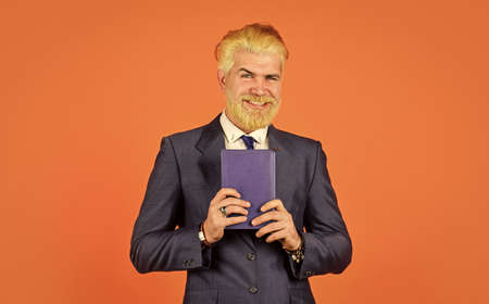 Keep studying. Business school education. Serious businessman hold book. Mature man reading book. Education for adults. Self education. Teacher lecturer speaker. Innovation for creating smart futureの写真素材