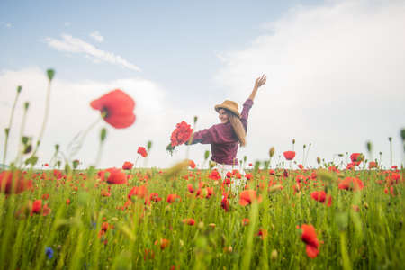 Lovely atmosphere. seasonal beauty landscape. young girl in hat walk in meadow. vacation. sense of freedom. beautiful woman gather red poppy flower bouquet in field. summer or spring natureの素材 [FY310179562837]