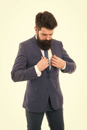 brutal boss man isolated on white. hipster with beard has own business. modern business success. office life. bearded businessman in formal suit. Following his personal style. professional styleの写真素材