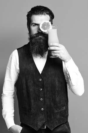 serious handsome bearded man with long beardの写真素材