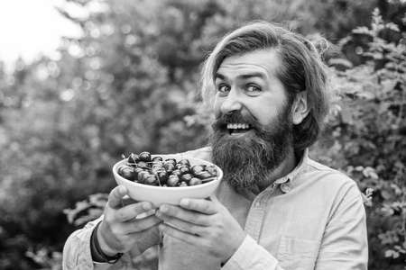 mature brutal hipster with ripe fresh cherry, healthの写真素材