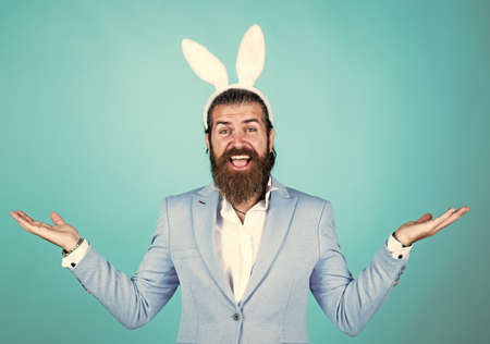 are you ready. happy easter. true gentleman with bunny ears. male funny look. bearded man in formalwear and hare ears. elegant businessman wear elegant apparel for spring holidayの写真素材