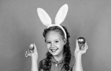 bunny kid hold easter eggs ready for egg hunt, happy easter