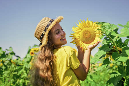 happy childhood. kid wear straw summer hat. child in field of yellow flowers. teen girl in sunflower field. concept of summer vacation. rich harvest and agriculture. Fertile presentの写真素材