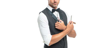 cropped hairdresser with razor blade and scissors in bow tie isolated on white background