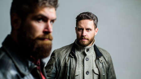 Barbershop concept. Men handsome with beard and mustache facial hair. Barber and beard grooming....