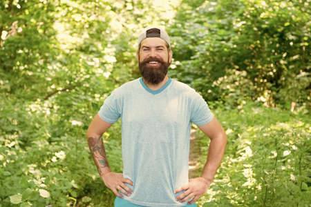 hiking in forest. hiker. concept of lifestyle. confident and handsome brutal man.の写真素材